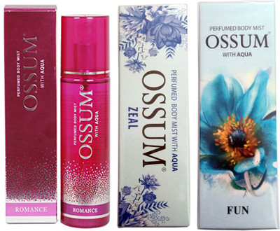 OSSUM ZEAL PERFUMED BODY MIST 115 ML+ ROMANCE PERFUMED BODY MIST 115 ML+ FUN PERFUMED BODY MIST 115 ML Body Mist - For Men & Women(115 ml, Pack of 3)