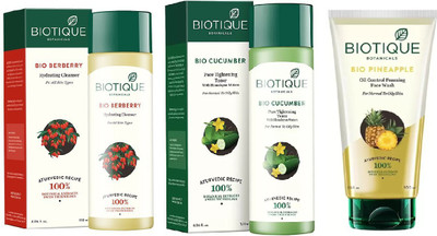 BIOTIQUE BIO Bio Berberry Hydrating Cleanser, Bio Cucumber Pore Tightening Toner, Bio Pineapple Oil Control Foaming Face wash(Set of 3)
BIOTIQUE BIO Bio Berberry Hydrating Cleanser, Bio Cucumber Pore Tightening Toner, Bio Pineapple Oil Control Foaming Face wash(Set of 3)