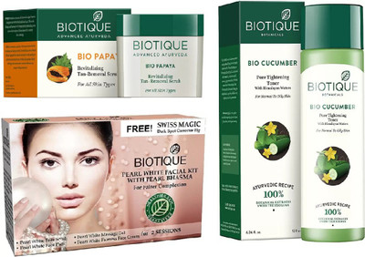 BIOTIQUE BIO Bio Papaya Revitalizing Tan Removal Scrub, Bio Pearl White Facial Kit, Bio Cucumber Pore Tightening Toner(Set of 3)