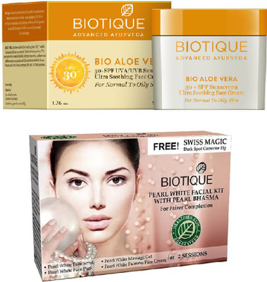 BIOTIQUE BIO pearl white facial kit with pearl bhasma, 30+ SPF SUNSCREEN CREAM(Set of 2)