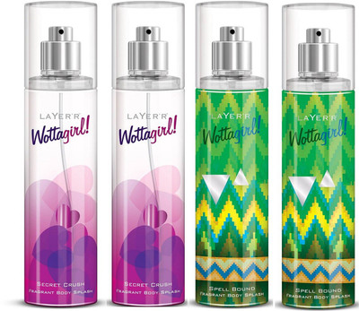 Layer Shot WottaGirl 2 Secret Crush & 2 Spell Bound Deodorant Spray - For Women(540 ml, Pack of 4)
Layer Shot WottaGirl 2 Secret Crush & 2 Spell Bound Deodorant Spray - For Women(540 ml, Pack of 4)