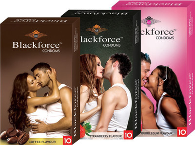 Black Force Combo 3pack Bubblgum,Coffee and Strawberry Flavour Extra dotted Condom (30 Pieces) Condom(Set of 3, 30S)