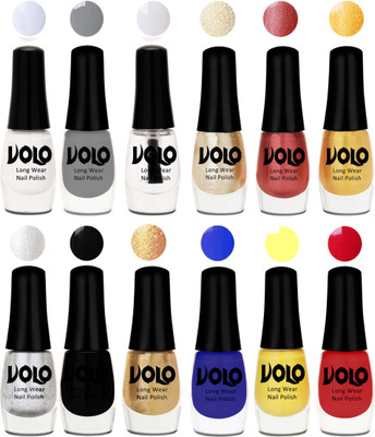 Volo Color Rich Toxic Free Perfection Shine Nail Polish Set of 12 Matte White, Extra Shine Top Coat, Grey, Hot Lava, Gold Chrome, Light Golden, Metallic Silver, Black, Golden, Red, Yellow, Royal Blue(Pack of 12)
Volo Color Rich Toxic Free Perfection Shine Nail Polish Set of 12 Matte White, Extra Shine Top Coat, Grey, Hot Lava, Gold Chrome, Light Golden, Metallic Silver, Black, Golden, Red, Yellow, Royal Blue(Pack of 12)