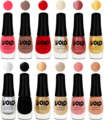 Volo Color Rich Toxic Free Perfection Shine Nail Polish Set of 12 Carrot Red, Dark Nude, Red, Hot Lava, Gold Chrome, Light Golden, Metallic Silver, Black, Golden, Candy Cotton, Dark Nude, Nude(Pack of 12)
Volo Color Rich Toxic Free Perfection Shine Nail Polish Set of 12 Carrot Red, Dark Nude, Red, Hot Lava, Gold Chrome, Light Golden, Metallic Silver, Black, Golden, Candy Cotton, Dark Nude, Nude(Pack of 12)