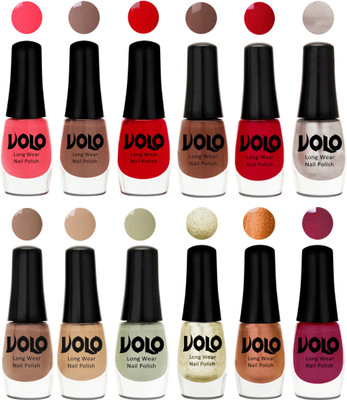 Volo Color Rich Toxic Free Perfection Shine Nail Polish Set of 12 Carrot Red, Dark Nude, Red, Reddish Orange, Chrome Rust, Chocolate Brown, Dark Nude, Nude, Mischievous Mint, Light Wine, Red Gold, Golden Chrome(Pack of 12)