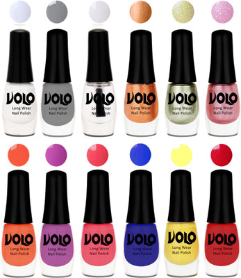 Volo Color Rich Toxic Free Perfection Shine Nail Polish Set of 12 Matte White, Extra Shine Top Coat, Grey, Bronze Magnetic, Metallic Pink, Chrome Olive Green, Bright Plum, Coral, Light Pink, Red, Yellow, Royal Blue(Pack of 12)
Volo Color Rich Toxic Free Perfection Shine Nail Polish Set of 12 Matte White, Extra Shine Top Coat, Grey, Bronze Magnetic, Metallic Pink, Chrome Olive Green, Bright Plum, Coral, Light Pink, Red, Yellow, Royal Blue(Pack of 12)