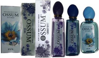 OSSUM ZEAL BODY PERFUME MIST + FUN BODY PERFUME MIST + COMFORT BODY PERFUME MIST ( 115×3 Pack Of 3 ) Deodorant Spray - For Men & Women(345 ml, Pack of 3)
OSSUM ZEAL BODY PERFUME MIST + FUN BODY PERFUME MIST + COMFORT BODY PERFUME MIST ( 115×3 Pack Of 3 ) Deodorant Spray - For Men & Women(345 ml, Pack of 3)