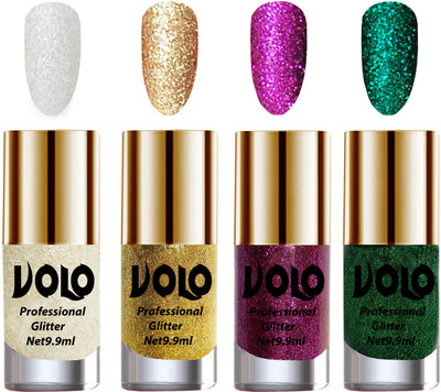 Volo Professionally Used Glitter Shine Nail Paint Combo Pack of 4 White Nail Art And Glitter, Golden Glitter, Purple Glitter, Dark Green Glitter(Pack of 4)
Volo Professionally Used Glitter Shine Nail Paint Combo Pack of 4 White Nail Art And Glitter, Golden Glitter, Purple Glitter, Dark Green Glitter(Pack of 4)