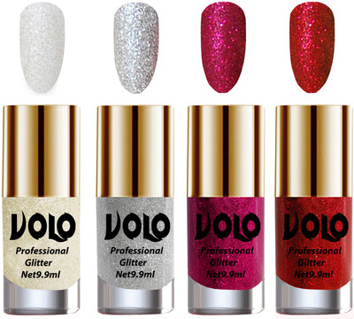 Volo Professionally Used Glitter Shine Nail Paint Combo Pack of 4 White Nail Art And Glitter, Silver Glitter, Magenta Glitter, Red Glitter(Pack of 4)