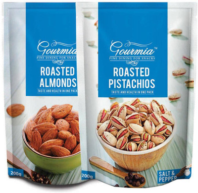 Gourmia Combo of Roasted Salt & Pepper Almonds +Roasted Salt& Pepper Pistachios Each 200g Assorted Nuts(400 g, Pouch)