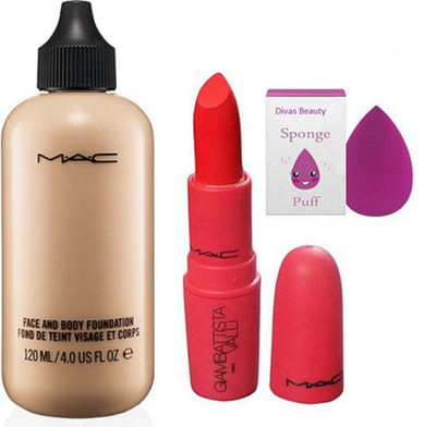 divas beauty Sponge puff & Mac face & body foundation,Mac Giambattista valli Matte Finish Lipstick(Set of 3)