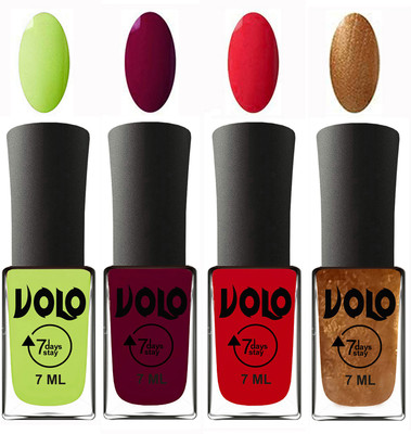 Volo Ultra Lasting HD Shine Awesome Nail Polish Combo Parrot Green, Wine Maroon, Redish Orange, Metallic Dark Golden(Pack of 4)
Volo Ultra Lasting HD Shine Awesome Nail Polish Combo Parrot Green, Wine Maroon, Redish Orange, Metallic Dark Golden(Pack of 4)