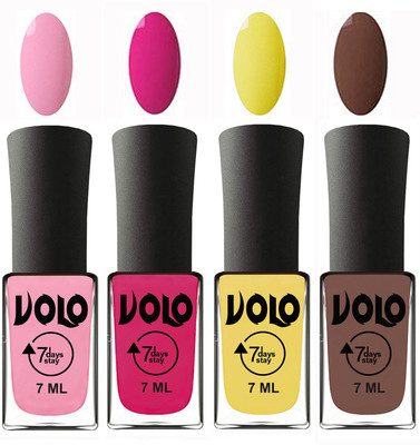 Volo Ultra Lasting HD Shine Awesome Nail Polish Combo Light Pink, Magnta, Yellow, Brown(Pack of 4)