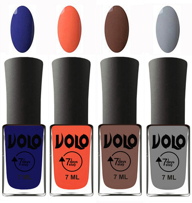 Volo Ultra Lasting HD Shine Awesome Nail Polish Combo Navy Blue, Neon Orange, Brown, Light Grey(Pack of 4)