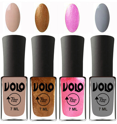 Volo Ultra Lasting HD Shine Awesome Nail Polish Combo Light Nude, Metallic Dark Golden, Metallic Pink, Light Grey(Pack of 4)
Volo Ultra Lasting HD Shine Awesome Nail Polish Combo Light Nude, Metallic Dark Golden, Metallic Pink, Light Grey(Pack of 4)