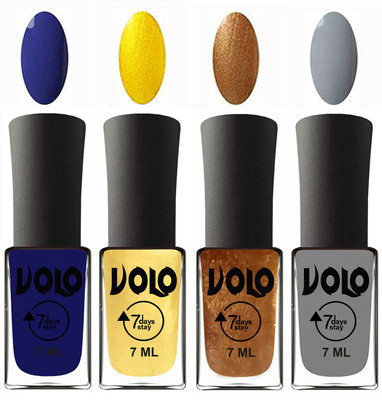 Volo Ultra Lasting HD Shine Awesome Nail Polish Combo Navy Blue, Metallic Light Golden, Metallic Dark Golden, Light Grey(Pack of 4)
Volo Ultra Lasting HD Shine Awesome Nail Polish Combo Navy Blue, Metallic Light Golden, Metallic Dark Golden, Light Grey(Pack of 4)