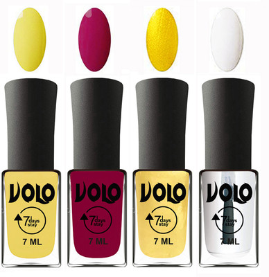 Volo Ultra Lasting HD Shine Awesome Nail Polish Combo Yellow, Magnta, Metallic Light Golden, Top Coat(Pack of 4)
Volo Ultra Lasting HD Shine Awesome Nail Polish Combo Yellow, Magnta, Metallic Light Golden, Top Coat(Pack of 4)