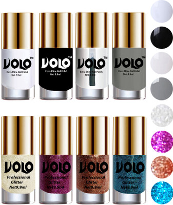 Volo Long Lasting Glitter and HD Shine Nail Polish Combo Sets White Nail art And Glitter, Purple Glitter, Peach Glitter, Sky Blue Glitter, Matte White, Black, Extra Shine Top Coat, Grey(Pack of 8)
Volo Long Lasting Glitter and HD Shine Nail Polish Combo Sets White Nail art And Glitter, Purple Glitter, Peach Glitter, Sky Blue Glitter, Matte White, Black, Extra Shine Top Coat, Grey(Pack of 8)