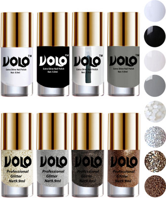 Volo Long Lasting Glitter and HD Shine Nail Polish Combo Sets White Nail art And Glitter, Silver Glitter, Dark Grey Glitter, Light Golden Glitter, Matte White, Black, Extra Shine Top Coat, Grey(Pack of 8)
Volo Long Lasting Glitter and HD Shine Nail Polish Combo Sets White Nail art And Glitter, Silver Glitter, Dark Grey Glitter, Light Golden Glitter, Matte White, Black, Extra Shine Top Coat, Grey(Pack of 8)