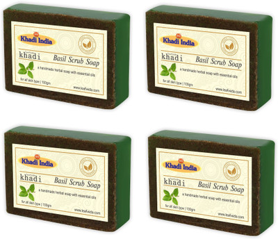 Khadi Leafveda Basil Scrub Soap pack of 4(400 g, Pack of 4)