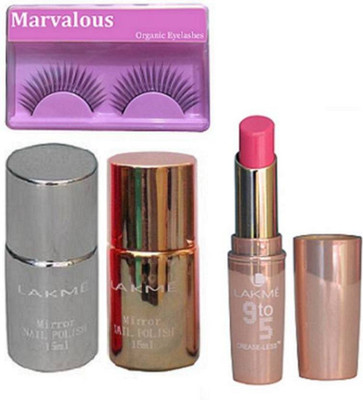 Marvalous Eyelashes, Lakme Mirror Nail polish set of 2, Lakme 9to5 Creaseless Lipstick(Set of 4)