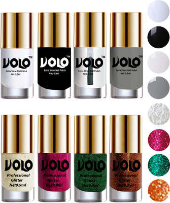 Volo Long Lasting Glitter and HD Shine Nail Polish Combo Sets White Nail art And Glitter, Magenta Glitter, Dark Green Glitter, Light Orange Glitter, Matte White, Black, Extra Shine Top Coat, Grey(Pack of 8)
Volo Long Lasting Glitter and HD Shine Nail Polish Combo Sets White Nail art And Glitter, Magenta Glitter, Dark Green Glitter, Light Orange Glitter, Matte White, Black, Extra Shine Top Coat, Grey(Pack of 8)