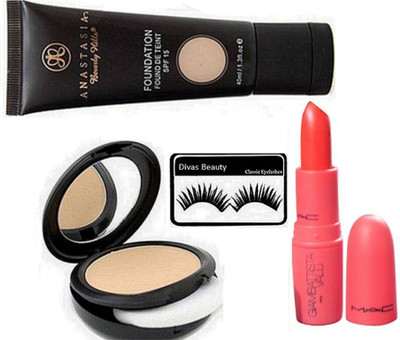 divas beauty Eyelashes, Beverly Vills Fond De Teint SPF 15 Foundation & Giambattista Valli Matte Finish lipstick Studio Fix Powder Plus Compact(Set of 4)