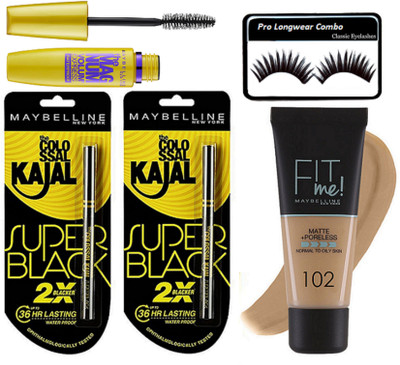 Pro longwear combo Of Colossal Super Black Kajal Set Of 2 With Magnum Volume Mascara & Fit me Matte+Poreless Foundation(Set of 5)