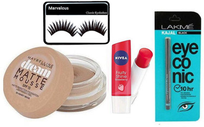 Marvalous eyelashes , eyeconic kajal , Maybelline Dream Matte Mousse Foundation with nivea fruity shine lip balm(Set of 4) 
Marvalous eyelashes , eyeconic kajal , Maybelline Dream Matte Mousse Foundation with nivea fruity shine lip balm(Set of 4)