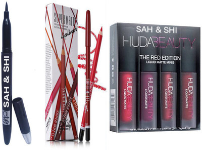 Sah&Shi Liquid Eyeliner with HB Red Edition Matte Lipstick Pack of 4 And Menow Supper Matte Pencil Pack of 12(Set of 3)