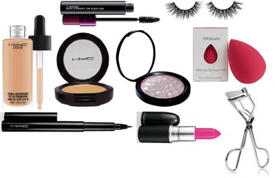Ultimate sponge puff , Mac studio water weight liquid foundation , powder plus compact , makeup beauty powder plus illuminator , pen eyeliner , haute & naughty double effect mascara , matte finish pink lipstick , eyelash curler with eyelashes (Set of 9)(S
Ultimate sponge puff , Mac studio water weight liquid foundation , powder plus compact , makeup beauty powder plus illuminator , pen eyeliner , haute & naughty double effect mascara , matte finish pink lipstick , eyelash curler with eyelashes (Set of 9)(S