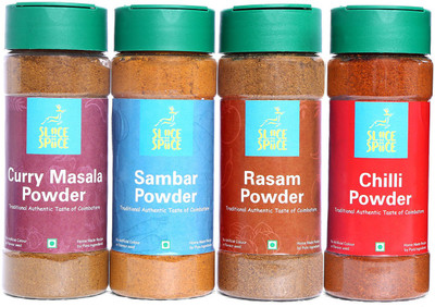 Sliice Spiice 4 in 1 South Indian Special Masalas (Curry Masala, Sambar, Rasam, Chilli Powder)(4 x 100 g)
Sliice Spiice 4 in 1 South Indian Special Masalas (Curry Masala, Sambar, Rasam, Chilli Powder)(4 x 100 g)
