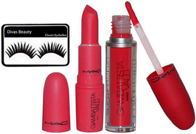 divas beauty Eyelashes& Mac Giambattista Capricious Lipstick&Red Velvet Lipstick(Set of 3)