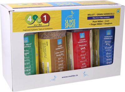 Sliice Spiice 4 in 1 Millet Vermcelli (Peral Millet (Kambu), Corn (Makka Cholam), Finger Millet ( Ragi), Sorghum (Cholam))(4 x 250 g)
Sliice Spiice 4 in 1 Millet Vermcelli (Peral Millet (Kambu), Corn (Makka Cholam), Finger Millet ( Ragi), Sorghum (Cholam))(4 x 250 g)