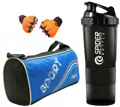 Snipper Combo Of Sport Gym Blue Bag , Orange Gloves and Black Spider Shaker Gym & Fitness Kit