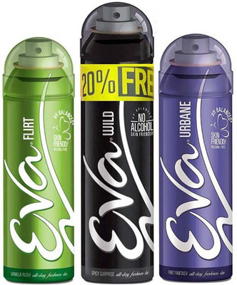 EVA 20% FREE With WILD 125ml+25ml + FLIRT 125ml + URBANE 125ml, No Alcohal, Skin Friendly Pack Of Deodorant Spray - For Women(400 ml, Pack of 3)
EVA 20% FREE With WILD 125ml+25ml + FLIRT 125ml + URBANE 125ml, No Alcohal, Skin Friendly Pack Of Deodorant Spray - For Women(400 ml, Pack of 3)
