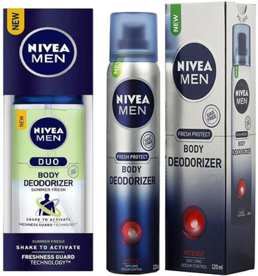 Nivea MEN DUO SUMMER FRESH BODY DEODORIZER 100 ML+MEN INTENSE BODY DEODORIZER 120 ML Deodorant Spray - For Men & Women(100 ml, Pack of 2)
Nivea MEN DUO SUMMER FRESH BODY DEODORIZER 100 ML+MEN INTENSE BODY DEODORIZER 120 ML Deodorant Spray - For Men & Women(100 ml, Pack of 2)