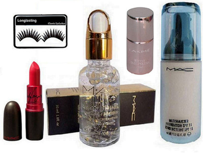 Longlasting Eyelashes, Mac Match master SPF 15 Foundation and Silver Radiance Primer and Lipstick, Mirror Nail Paint(Set of 5)
Longlasting Eyelashes, Mac Match master SPF 15 Foundation and Silver Radiance Primer and Lipstick, Mirror Nail Paint(Set of 5)