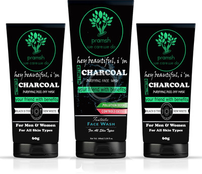 PRAMSH Activated Charcoal Face Wash 100gm & Charcoal Peel Off Mask 60*2=120gm (Medical Grade)-For Anti Acne Blackhead Removal Instant Glow Combo Pack Of(Set of 3)