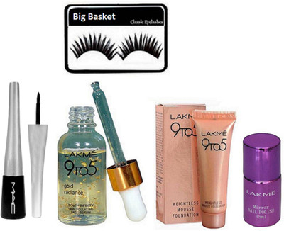 big basket Eyelashes, Mac Eyeliner, Face Serum, Mousse Foundation, Mirror Nail Paint(Set of 5)
big basket Eyelashes, Mac Eyeliner, Face Serum, Mousse Foundation, Mirror Nail Paint(Set of 5)