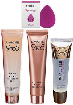 Studio Sponge Puff With Color Transform Cream & Weightless Mousse Foundation & Infallible Mattifying Base Primer(Set of 4)
Studio Sponge Puff With Color Transform Cream & Weightless Mousse Foundation & Infallible Mattifying Base Primer(Set of 4)