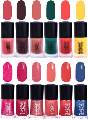 SMC FASHION BAR Gel Based Long Lasting Nail Paint Combo Matte Rose Pink, Matte Chocolatte Brown, Matte Coral Peach, Matte Dark Green, Matte Orange, Matte Neon Yellow, Red Purple Matelic, Cranberry Pink, Rosewood, Peach, Blood Red, Royal Blue(Pack of 12)
SMC FASHION BAR Gel Based Long Lasting Nail Paint Combo Matte Rose Pink, Matte Chocolatte Brown, Matte Coral Peach, Matte Dark Green, Matte Orange, Matte Neon Yellow, Red Purple Matelic, Cranberry Pink, Rosewood, Peach, Blood Red, Royal Blue(Pack of 12)