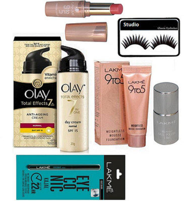 studio Eyelashes With 9to5 Mousse Foundation,Eyeconic Kajal & Mirror nail polish With matte Finish long lasting lipstick & Olay anti-Ageing Cream(Set of 6)
