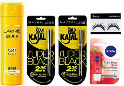 studio Eyelashes, Lakme Sun Expert UV Lotion, Maybelline Superblack 2 Kajal, Nivea Fruity Shine Lipbalm(Set of 5)
studio Eyelashes, Lakme Sun Expert UV Lotion, Maybelline Superblack 2 Kajal, Nivea Fruity Shine Lipbalm(Set of 5)
