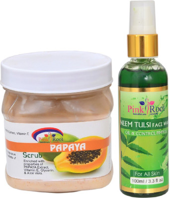 Pink Root PAPAYA SCRUB 500ML WITH NEEM FACE WASH 100ML(Set of 2)