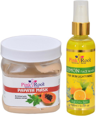 Pink Root PAPAYA MASK 500ML WITH LEMON FACE WASH 100ML(Set of 2)