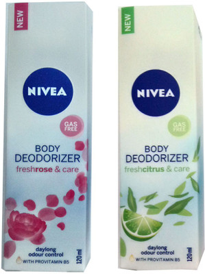 Nivea FRESH ROSE & CARE BODY DEODORIZER 120 ML+FRESH CITRUS & CARE BODY DEODORIZER 120 ML Deodorant Spray - For Men & Women(120 ml, Pack of 2)
Nivea FRESH ROSE & CARE BODY DEODORIZER 120 ML+FRESH CITRUS & CARE BODY DEODORIZER 120 ML Deodorant Spray - For Men & Women(120 ml, Pack of 2)