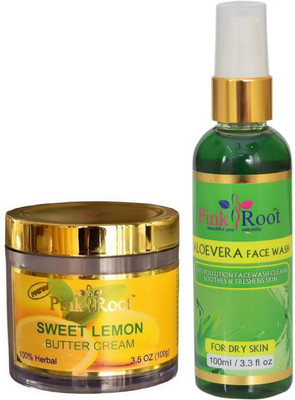 Pink Root SWEET LEMON CREAM 100G WITH ALOE VERA FACE WASH 100ML(Set of 2)