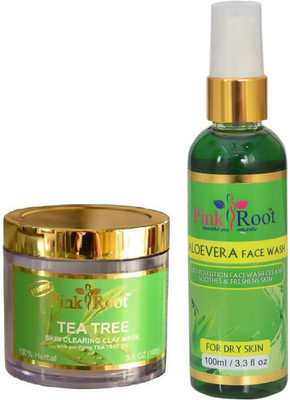 Pink Root TEA TREE MASK 100G WITH ALOE VERA FACE WASH 100ML(Set of 2)