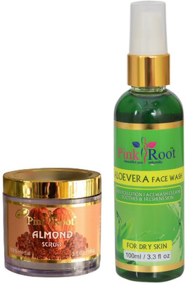Pink Root ALMOND SCRUB 100G WITH ALOE VERA FACE WASH 100ML(Set of 2)